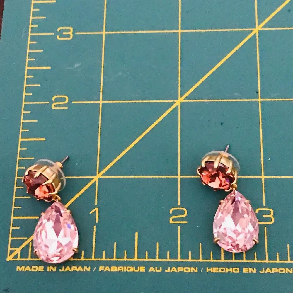 J. Crew Drop Earrings: Pink Faux Stones Set in Gold Tone, Signed
